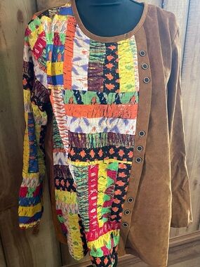 Gracila Brown Trim Multicolor Patchwork Top